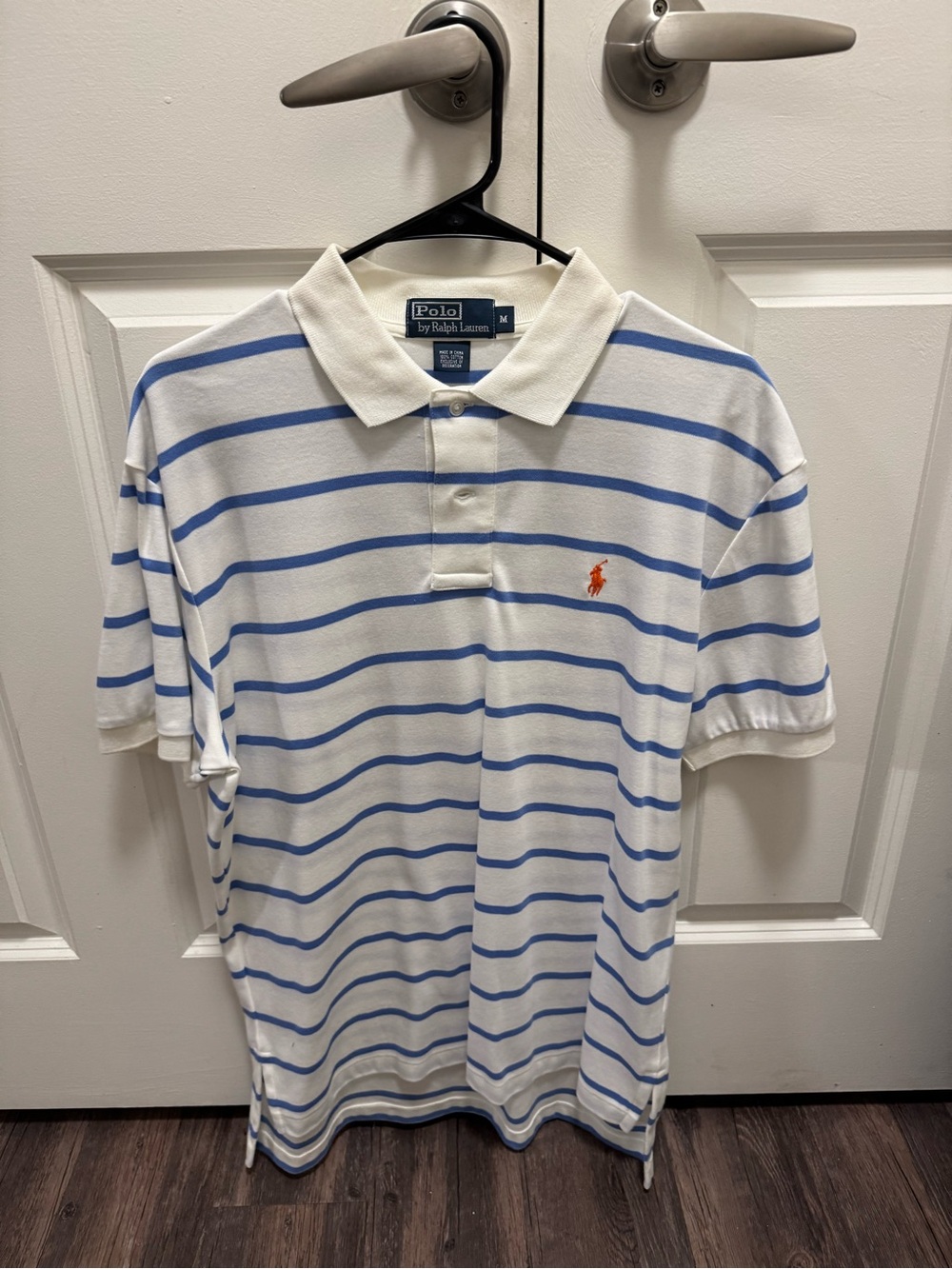 Polo by Ralph Lauren White Polo with Light Blue Stripes and Orange Pony